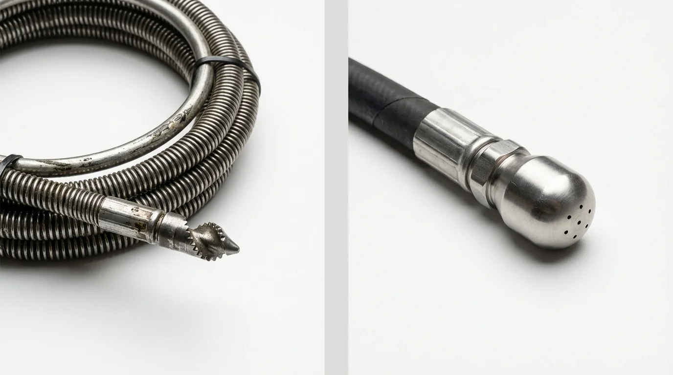 Drain snake cable and hydro jetting nozzle used for drain cleaning in Rockford, AL