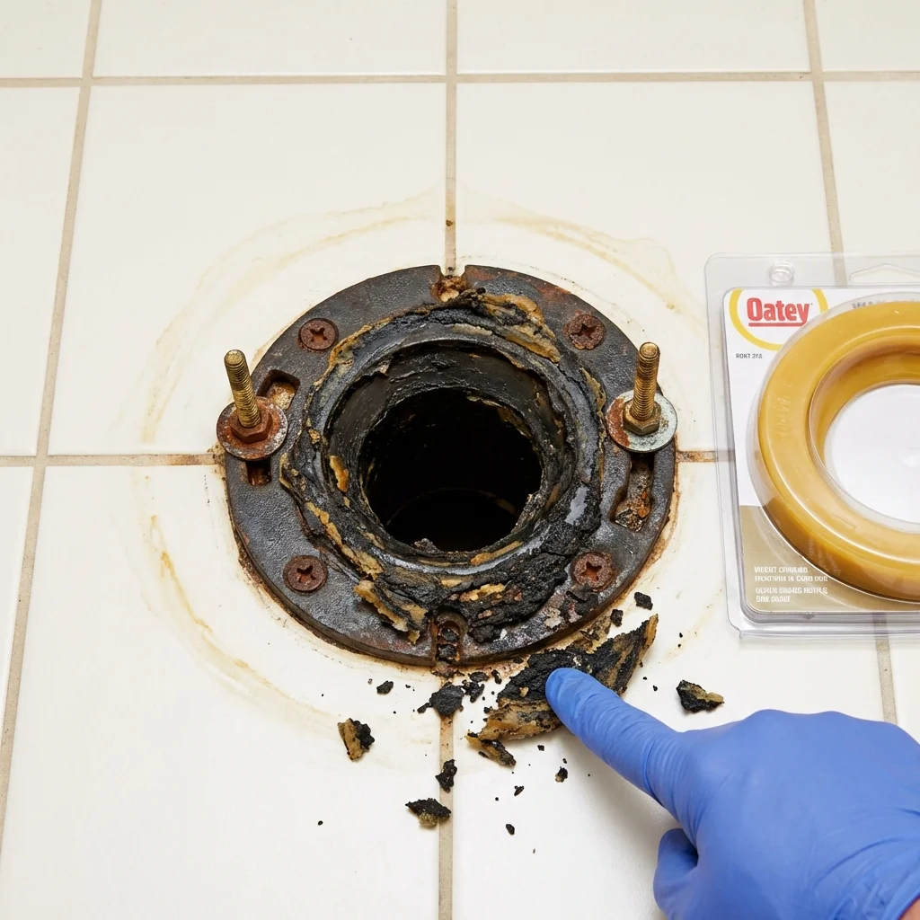 Failed wax ring showing water seepage at the base of a toilet in a Rockford, AL home