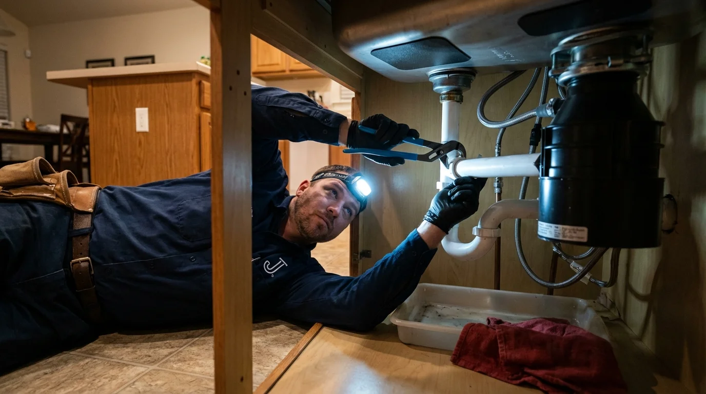 P-trap and supply line connections under a kitchen sink showing a common leak point in Rockford, AL